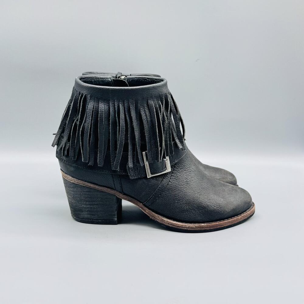 Farylrobin Boots Women 7.5 Black Leather Fringe Ankle Block Heel Side Zip Buckle